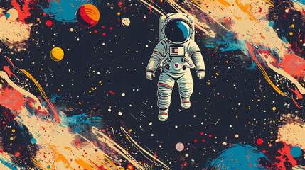 Vector design of a spaceman flying near the moon with satellite and stars in the sky