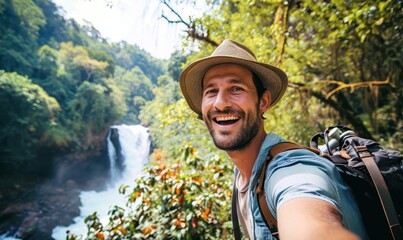 Happy man with hat and backpack taking selfie portrait walking in the forest - Young traveler laughing at camera into the wild - Travel influencer recording social media video, Generative AI