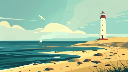 Wall Mural - A Lighthouse At The End Of A Long, Sandy Peninsula, Cartoon ,Flat color