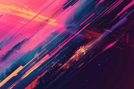 Energetic vector artwork featuring abstract, glowing lines, bold geometric forms, and subtle glitches, reminiscent of modern technology.