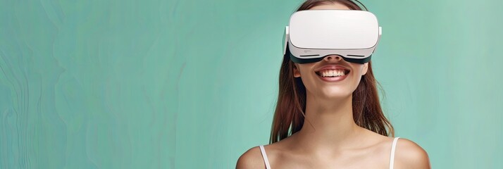 Fototapete - Young woman smiling while wearing white VR glasses against a flat pastel green background. Generative AI