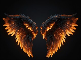 Beautiful magic angel wings spread wide on black background. 3D illustration of black and orange fantasy wings