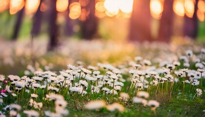 idyllic daisy bloom abstract soft focus sunset field landscape of white flowers blur grass meadow warm golden hour sunset sunrise time tranquil spring summer nature closeup bokeh forest background
