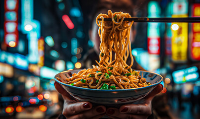 Wall Mural - Person using chopsticks to hold a bowl of noodles, AI-generated.