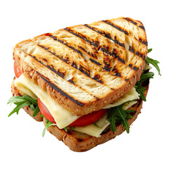 Canvas Print - Grilled panini sandwich with melted cheese, tomato, and arugula isolated on a transparent background, ideal for culinary blogs and National Sandwich Day promotions