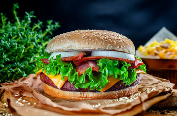 Wall Mural - Tomato, lettuce and bacon salad burger