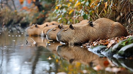 Riverside Relaxation: A Group of Capybaras Lounging by the Water's Edge