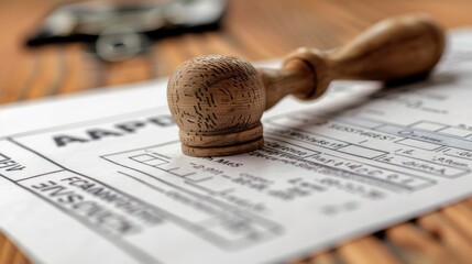 A close-up of a wooden stamp placed on a document, indicating an official approval or verification process.