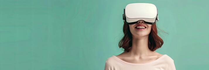 Fototapete - Young woman smiling, wearing white virtual reality glasses. Studio photo on pastel green background. Generative AI