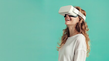 Wall Mural - Young woman smiling, wearing white virtual reality glasses on a flat pastel green background. Generative AI