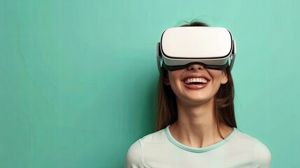 Fototapete - A joyful young woman smiling in white virtual reality glasses on a flat pastel green background. Generative AI