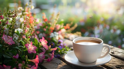 Canvas Print - Relaxing Outdoor Garden Setting with Soothing Herbal Coffee Cup Embraced by Blooming Florals and Lush Greenery