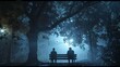© Muhammad - A man and a woman are sitting on a bench in a park at night.