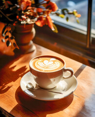 Wall Mural - A cup of coffee latte or cappuccino on a table in a cafe near window with bouquet and morning sunlight. Concept drink