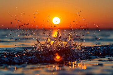 Wall Mural - Water splashes sparkle as the sun takes in the light from the direction it rises above the horizon 