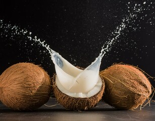 Wall Mural - Delicious coconuts cut out and explosion of coconut milk, creative concept