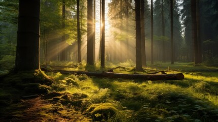 Poster - Forest sunrise bathed in warm golden light.