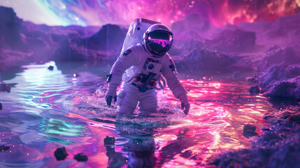 Wall Mural - An astronaut walking through a luminescent colorful organic liquid on an alien planet
