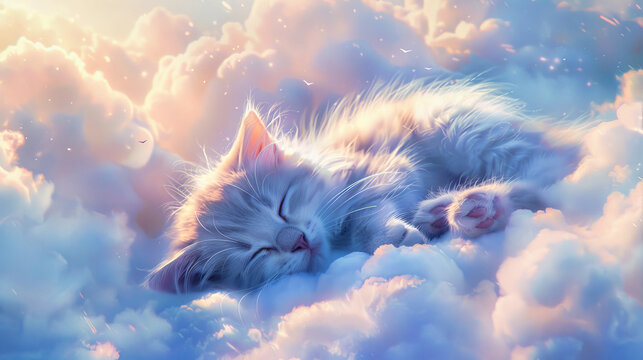 cute baby cat sleeping on the clouds