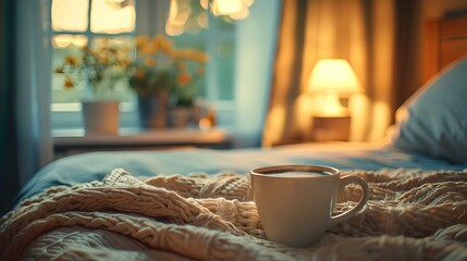 Wall Mural - Cozy Bedroom with Morning Cup of Coffee and Soft Inviting Ambiance