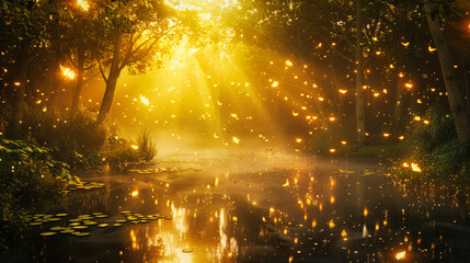 Wall Mural - A magical fantasy forest with fireflies and glowing flowers