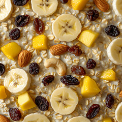 Wall Mural - Closeup of oatmeal with bananas, pineapples, raisins, almonds, and cashews