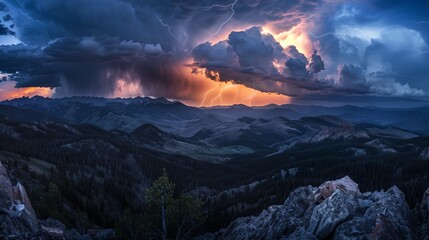 Wall Mural - a mountain thunderstorm unfolds: dark clouds, lightning, and echoing thunder paint a dramatic scene.