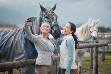 Poster - Happy, selfie and people at farm with horse for equestrian, training or adventure in countryside. Women, pet and animals on ranch in profile picture for social media, post or memory of holiday