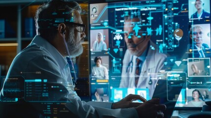 Wall Mural - a doctor typing notes into a patients digital medical chart while speaking with them via a telemedic