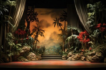 Vibrant Theatrical stage backdrop. Old vintage opera scene with velvet curtains. Generate ai