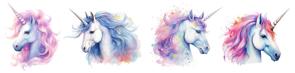 Wall Mural - Watercolor unicorn png element set on transparent background