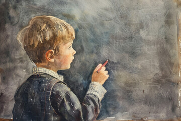 Watercolor School boy writing on a chalkboard with chalk 