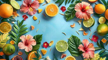 Wall Mural - Spring Floral with Flowers and Leaves Design in blue background copy space for banner, Summer Concept.