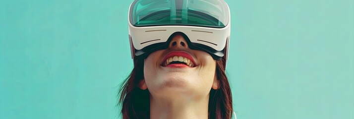 Fototapete - Joyful woman in white virtual reality glasses smiling on pastel green background. Generative AI studio photo. Generative AI