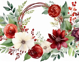 Wall Mural - Watercolor floral wreath border bouquet frame collection set green leaves burgundy maroon scarlet pink peach blush white flowers leaf branches. Wedding invitations stationery wallpapers fashion prints