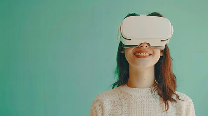 Fototapete - Smiling woman wearing white VR glasses on pastel green background. Generative AI