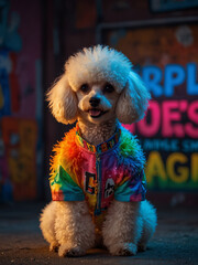 a dog wearing a rainbow-colored sweater sits in front of a wall with a rainbow picture behind it