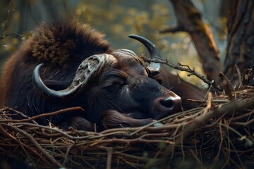 Wall Mural - a buffalo is sleeping in the nest