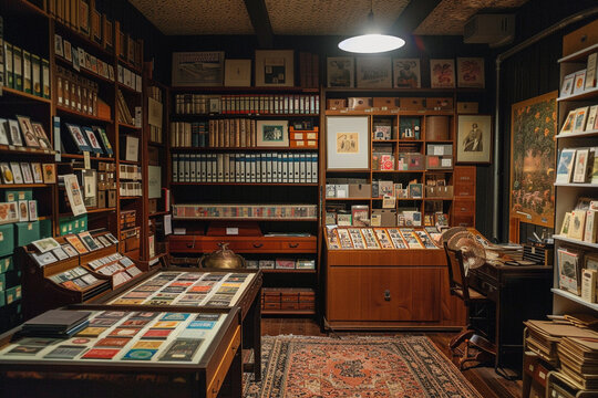 Well lit study room featuring an extensive stamp collection meticulously arranged in albums 