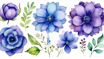 Poster - Watercolour floral illustration set. DIY violet purple blue flowers, green leaves elements collection - for bouquets, wreaths, wedding invitations, prints, fashion, birthday, postcards, greetings