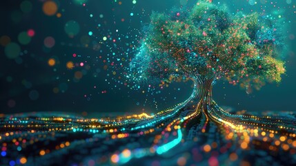 Poster - A tree made of colorful data leaves and binary code roots, illustrating the growth of knowledge in the digital age. Big data visualization