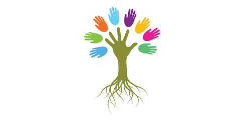 Abstract Colorful Family Tree Icon, Hands Logo Design Vector Illustration.	