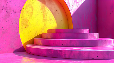 Wall Mural - a pink and yellow staircase is shown in a room with pink walls. the staircase is made of concrete an