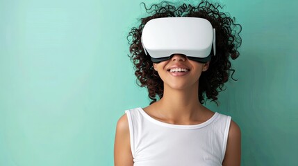 Wall Mural - Young woman smiling in white virtual reality glasses, isolated on pastel green background. Generative AI