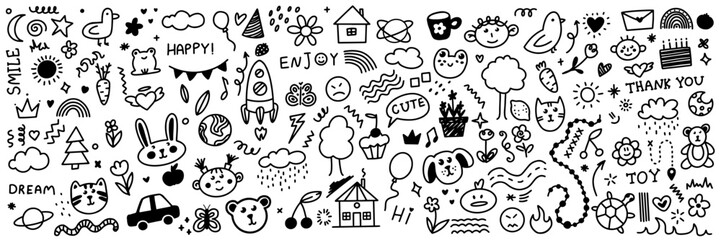Cute kid scribble doodle icons set. Hand drawn childish funny simple vector illustrations. Flower, heart, cloud children draw style design