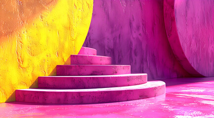 Wall Mural - a pink and yellow staircase is shown in a room with pink walls. the staircase is made of concrete an