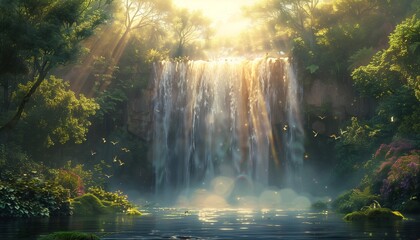 Wall Mural - Misty waterfall with ducks swimming around, AI-generated.