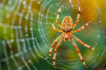 Canvas Print - AI generated illustration of a spider perched on a web near lush grass