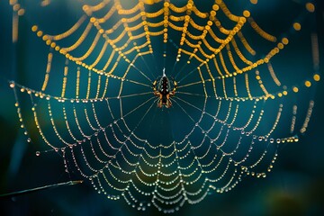 Canvas Print - AI generated illustration of a spider perched on a web near lush grass