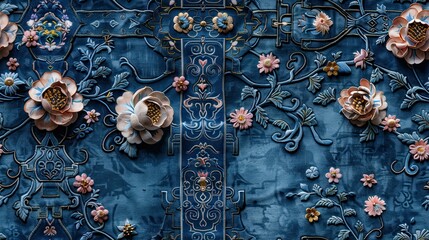 Wall Mural - Ancient patterned fabric, Chinese elements, blue-gray color, rich details